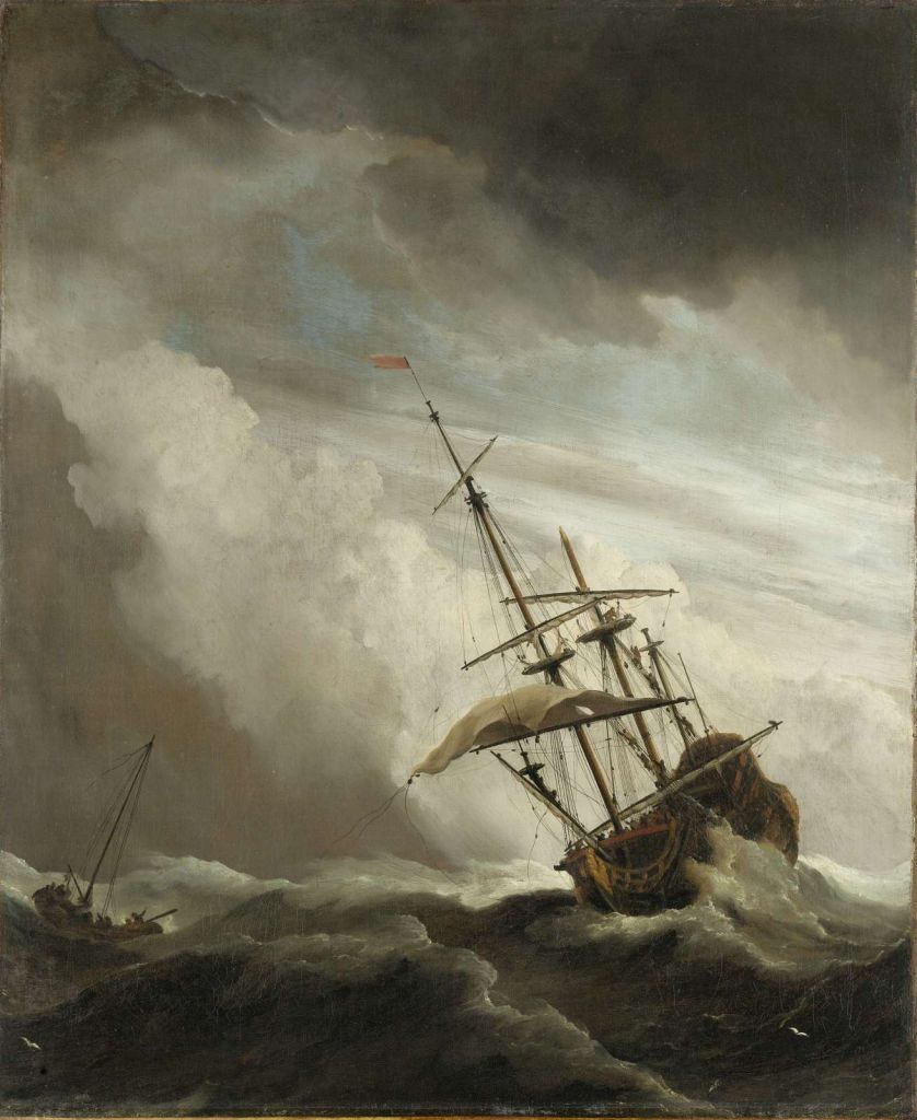 Een schip in volle zee bij vliegende storm