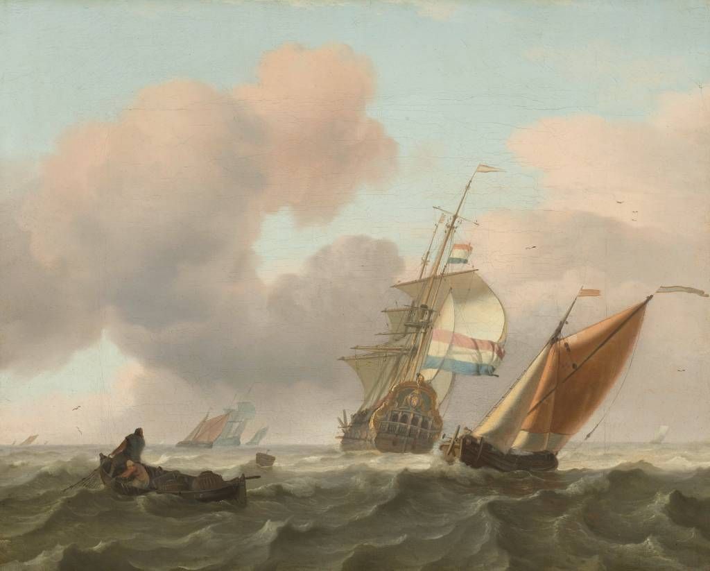Woelige zee met schepen